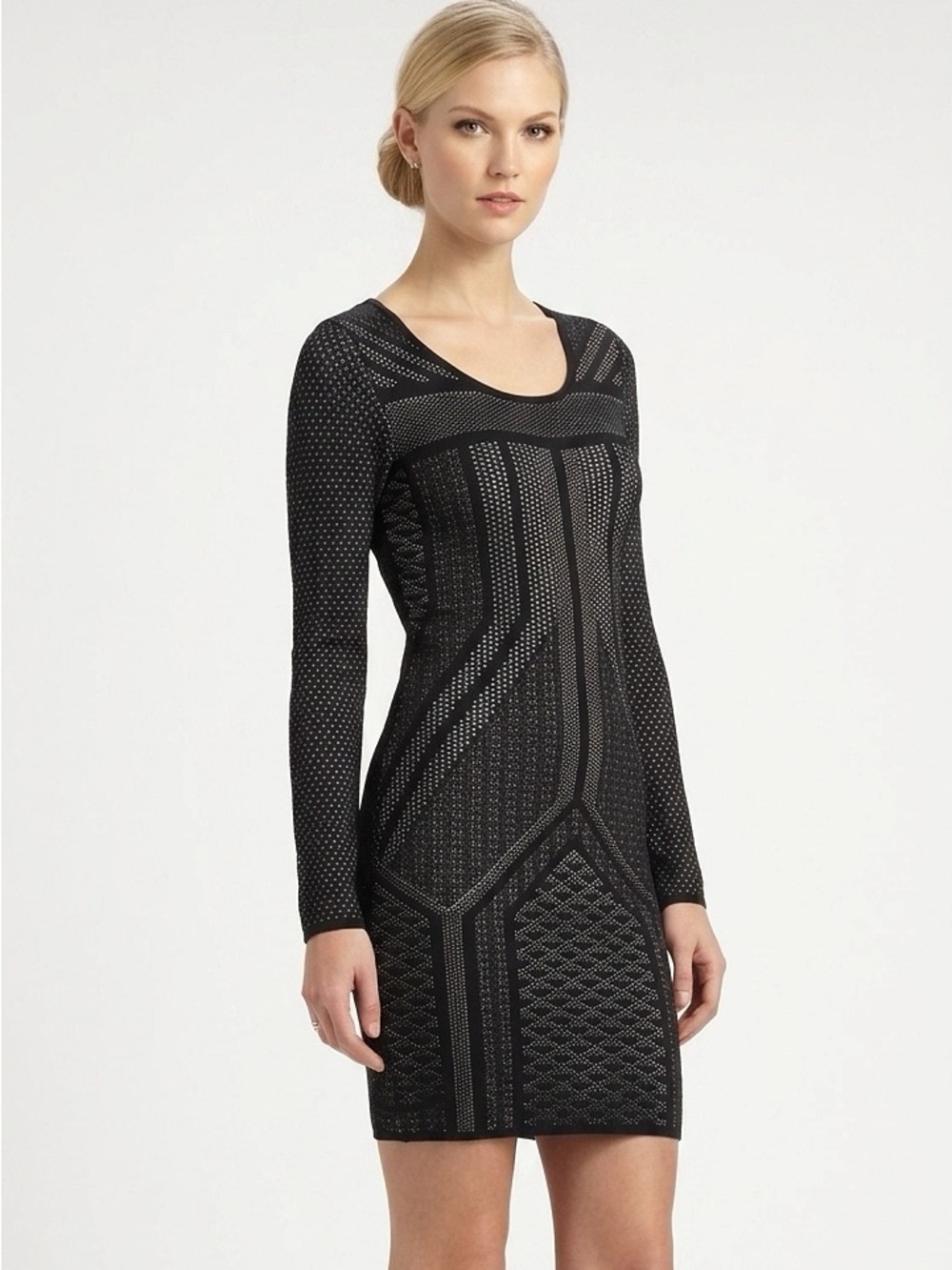 DEX Black Geo Bodycon Long Sleeve Knit Mini Dress - NWT Size Large